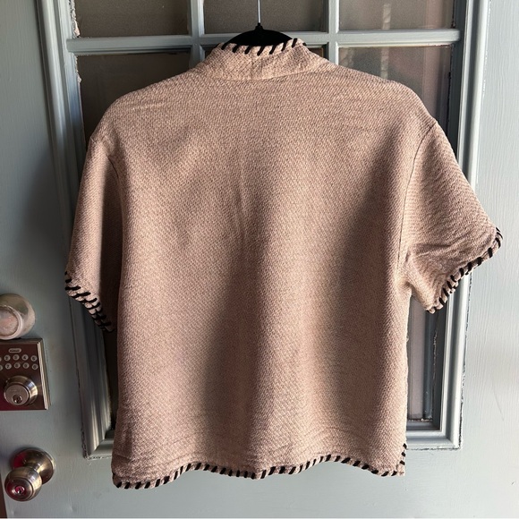 Vintage Retro Boho Knit Stitch Hem Linen Woven Short Sleeved Casual Button Up M - Picture 5 of 7